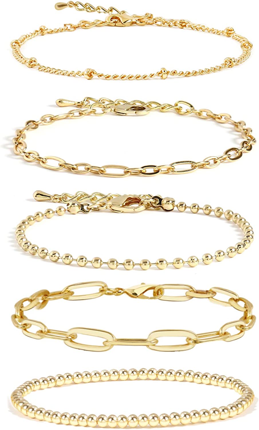 Gold Chain Bracelet Sets for Women Girls 14K Gold Plated Dainty Link Paperclip, Style-4