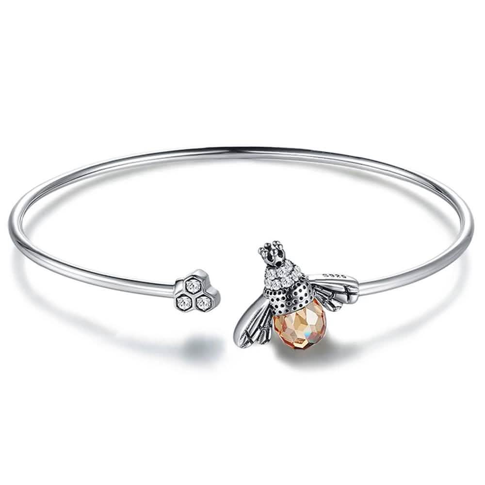 925 Sterling Silver Bee Shape Cubic Zirconia and Austria Crystal Cuff Bracelet