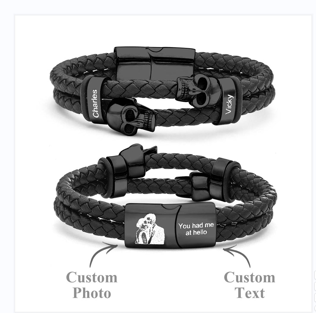 Custom Photo Skull Leather Bracelet Personalized Engraved Multi-layer Braided Bracelet Gifts For Men