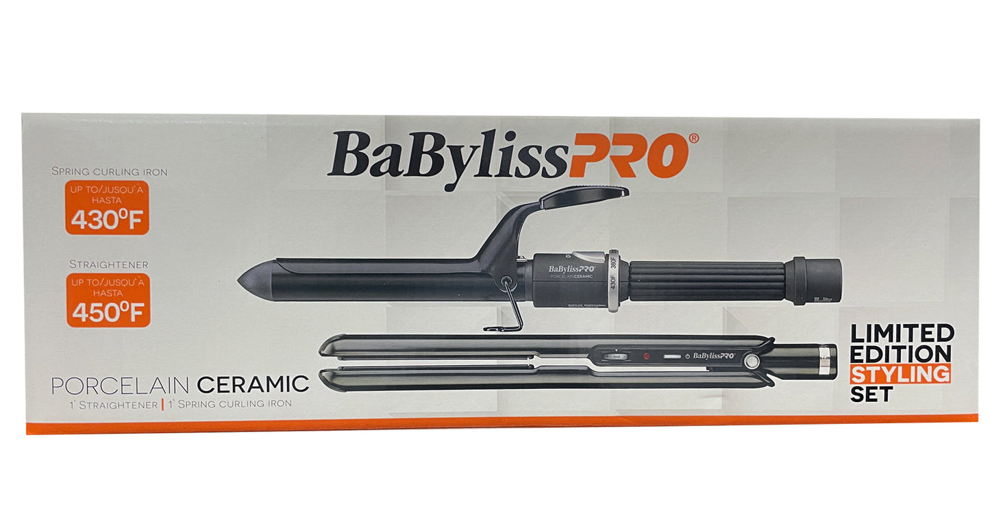 BabylissPro Porcelain Ceramic Styling Set (1" Straightener/ 1" Spring Curling Iron)