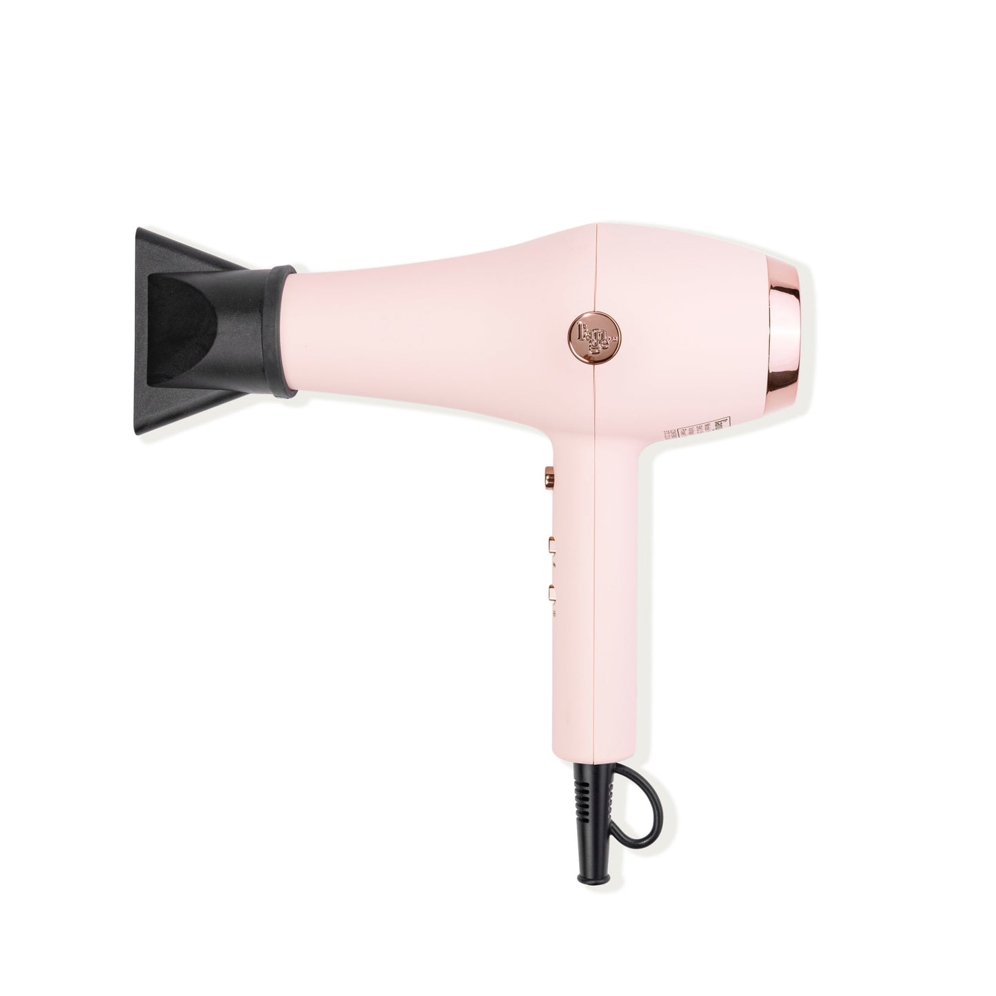 Blush Hair dryer with black air concentrator and black cord with hanging loop