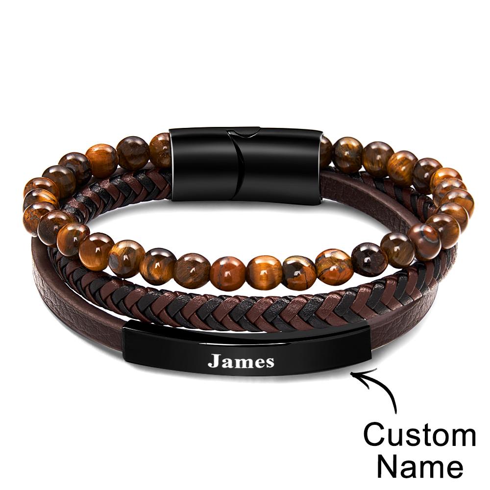 Custom Name Bracelet Vintage Stack Woven Leather Gift for Men