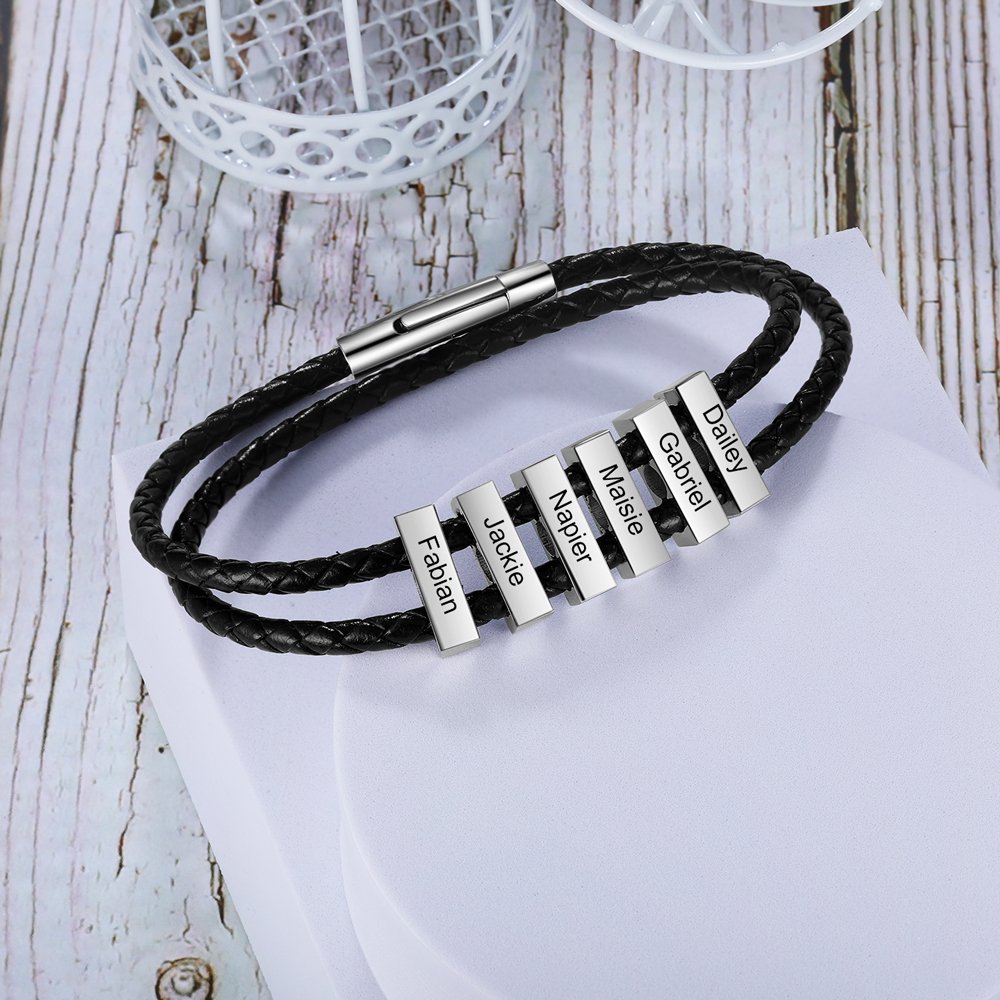 Double Wound Engraved Men's Bracelet Custom Name Leather Bracelet for Men