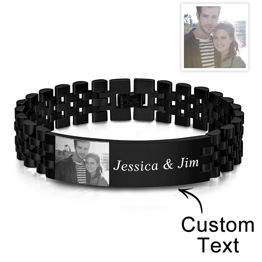 Personalized Photo Wide Bracelet With Text Engraved Vintage Bracelet Gifts For Him