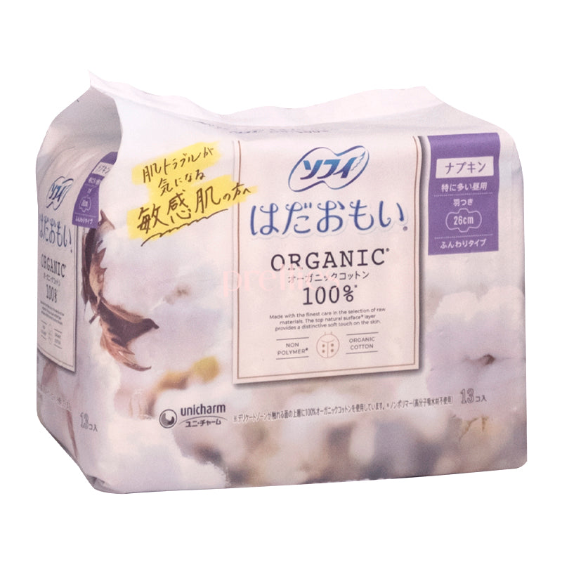 Unicharm Sofy Hadaomoi Organic Cotton100% Daytime Use for Especially Heavy With Wings 26cm (13pcs)