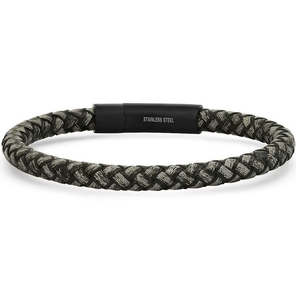 Men's Braided Black/Gray Leather and Black IP Stainless Steel Clasp Bracelet