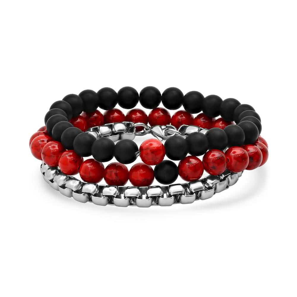 3-Piece Set: Men's Black Lava, Red Agate And Round Box Link Bracelets