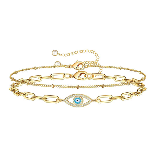 18K Gold Plated Evil Eye CZ 2 Bracelet Set