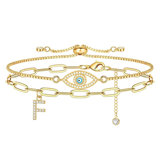 18K Gold Plated Initial Evil Eye 2 Bracelet Set