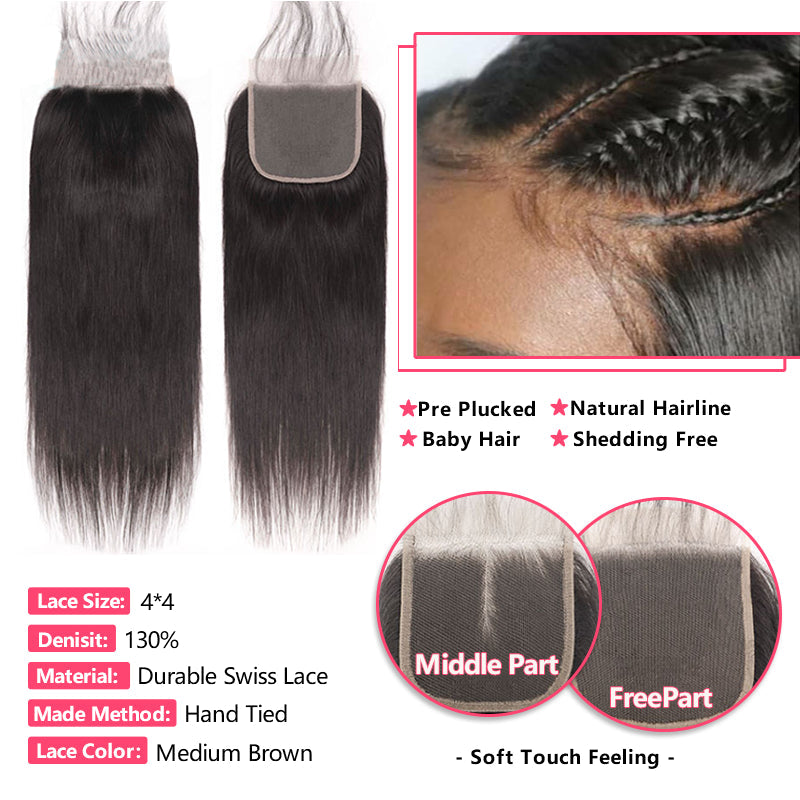 Bone Straight Human Hair Bundles With Lace Closure