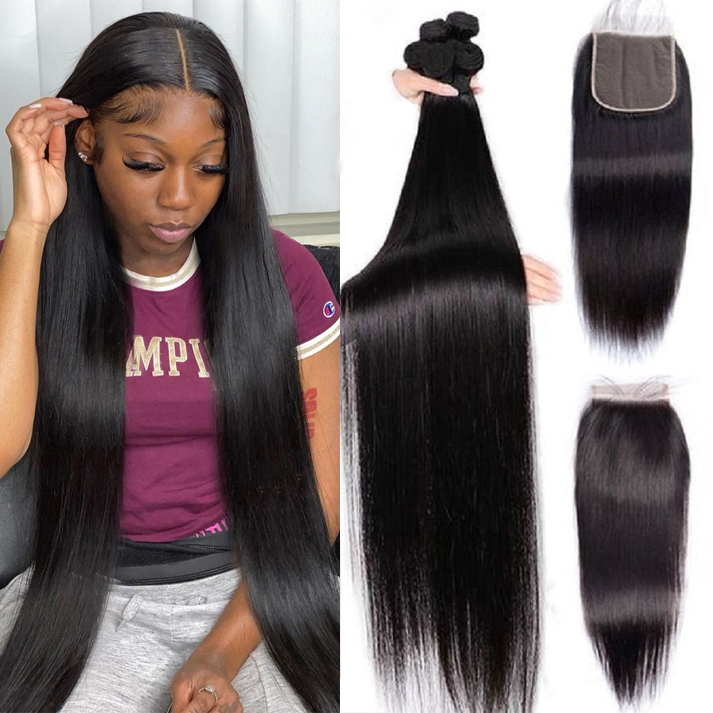 Bone Straight Human Hair Bundles With Lace Closure
