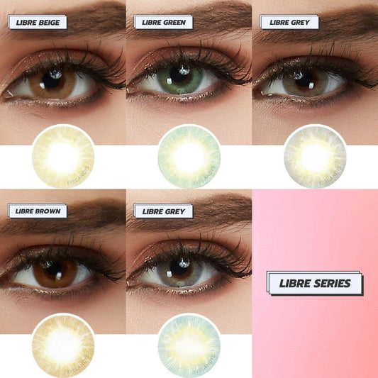 Assortment of EyeCandys Libre brown, blue, green and grey contact lenses, worn on various eyes with minimal eye makeup