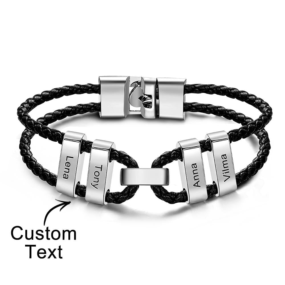 Engraved Beads Leather Bracelet Custom Letter Name Bracelet Father's Day Gift