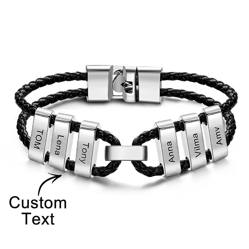 Engraved Beads Leather Bracelet Custom Letter Name Bracelet Father's Day Gift