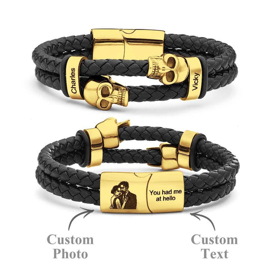 Custom Photo Skull Leather Bracelet Personalized Engraved Multi-layer Braided Bracelet Gifts For Men