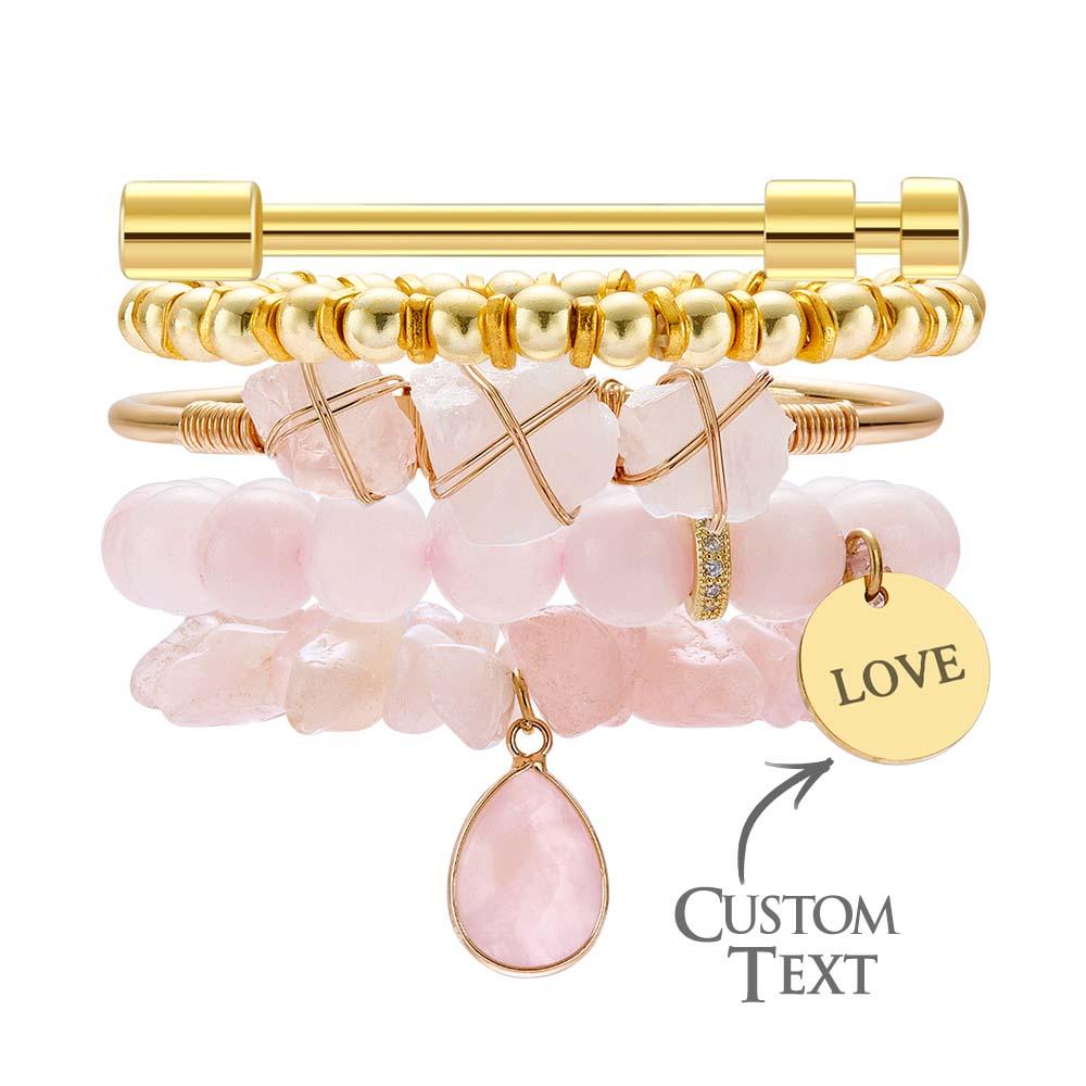 Custom Birthstone Engraved Bracelet Crystal Pink Bohemia Style Gift
