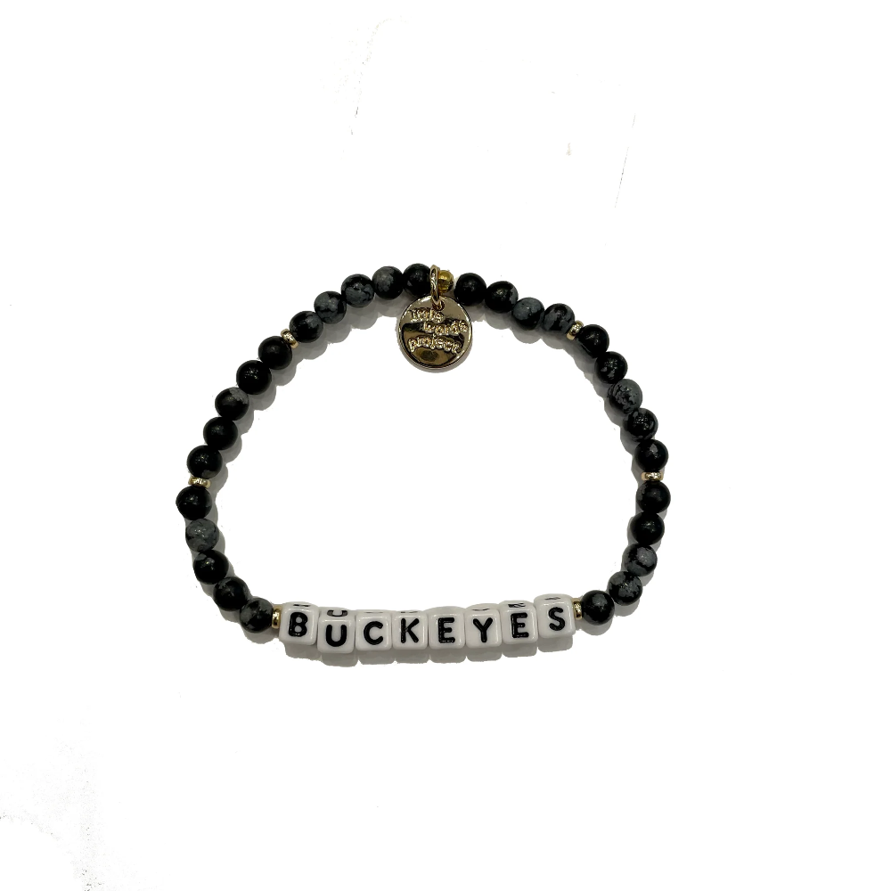 Black bead bracelet from Little Words Project that says "Buckeyes."