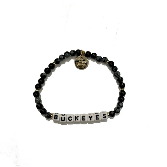 Black bead bracelet from Little Words Project that says "Buckeyes."