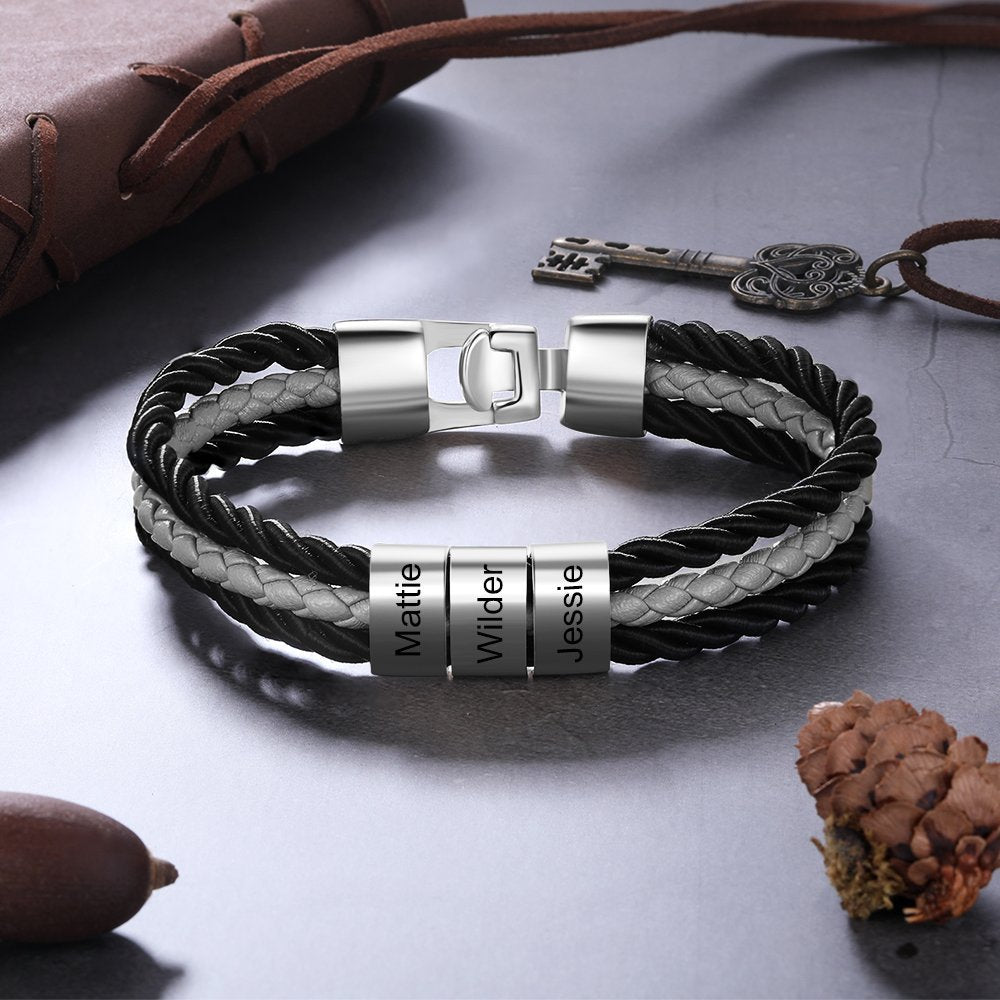 Engraved Men's Leather Bracelet Braided Layered Leather with Beads Bracelet