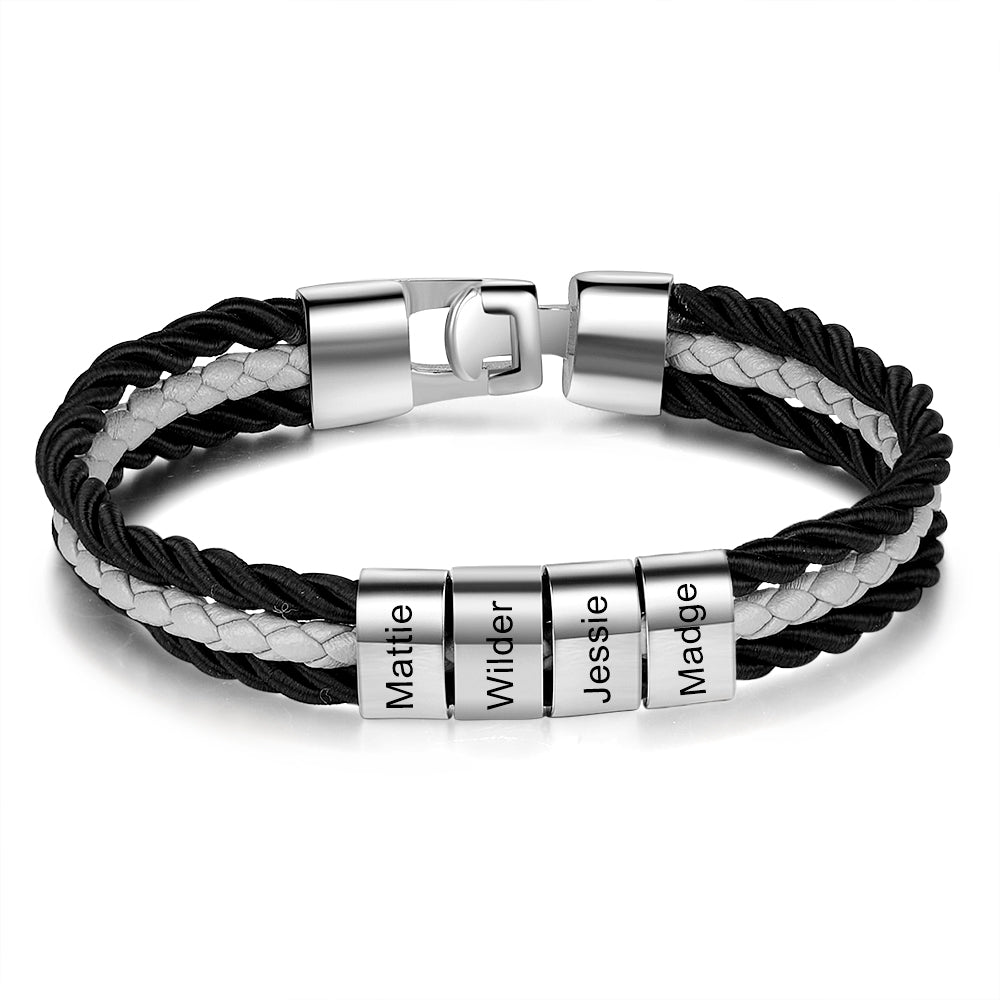 Engraved Men's Leather Bracelet Braided Layered Leather with Beads Bracelet