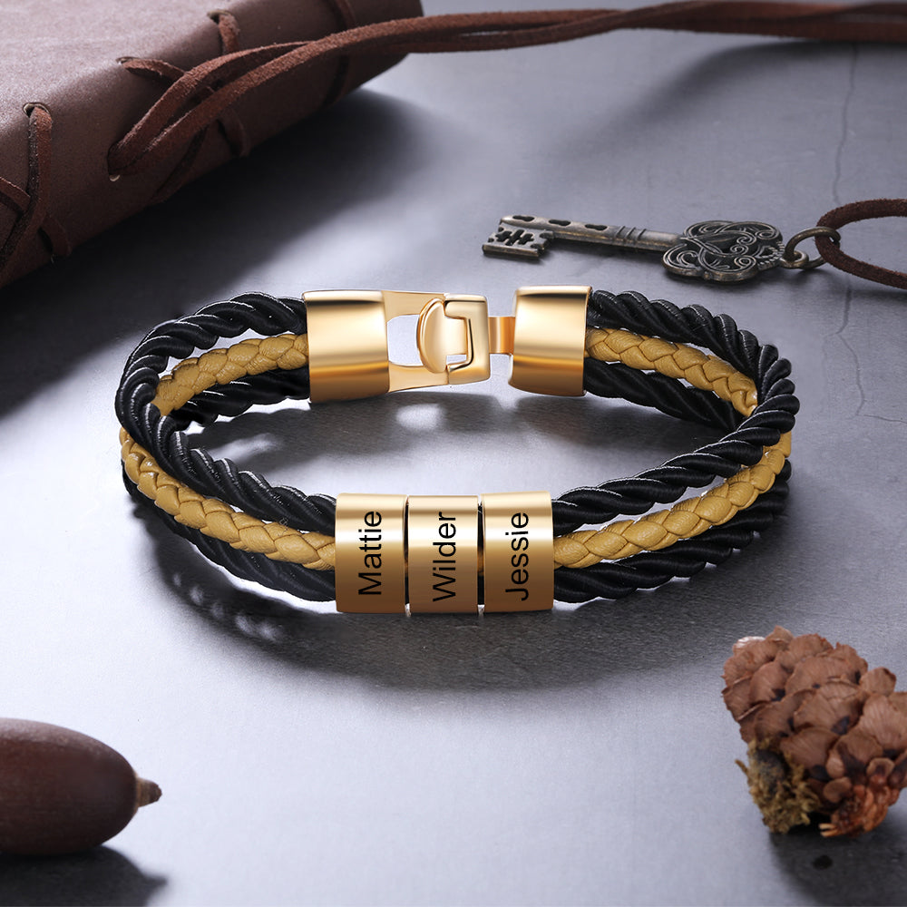 Engraved Men's Leather Bracelet Braided Layered Leather with Beads Bracelet