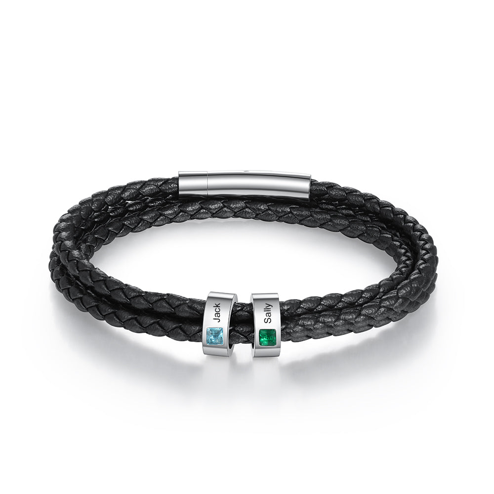 Engraved Name Layer Leather Bracelet with Birthstone Beads for Him