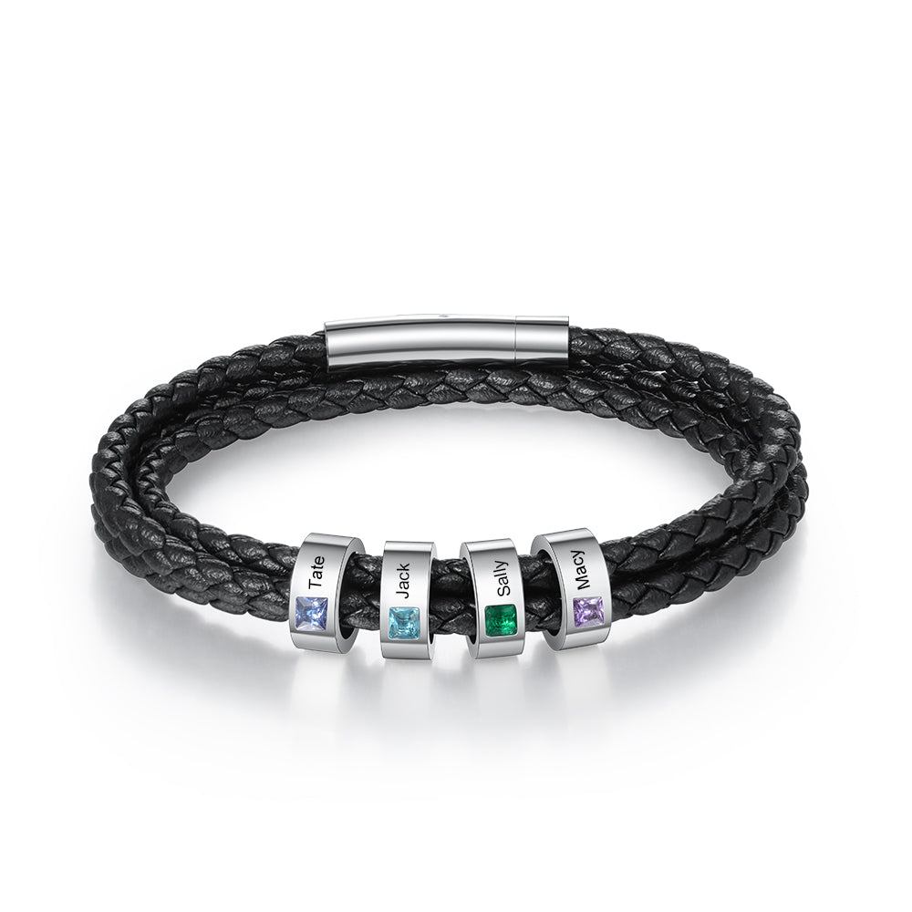 Engraved Name Layer Leather Bracelet with Birthstone Beads for Him