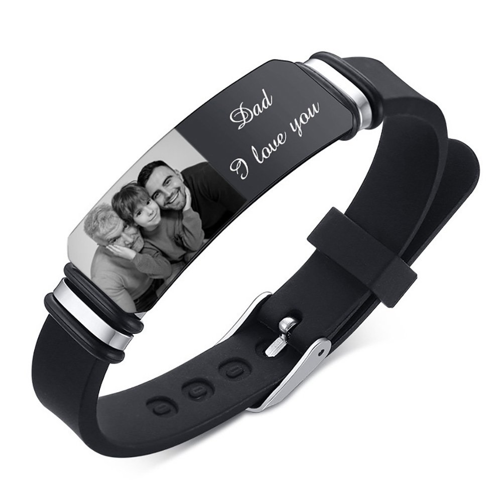 Personalized Photo Bracelet Custom Engraved Black Bracelet Gifts For Him