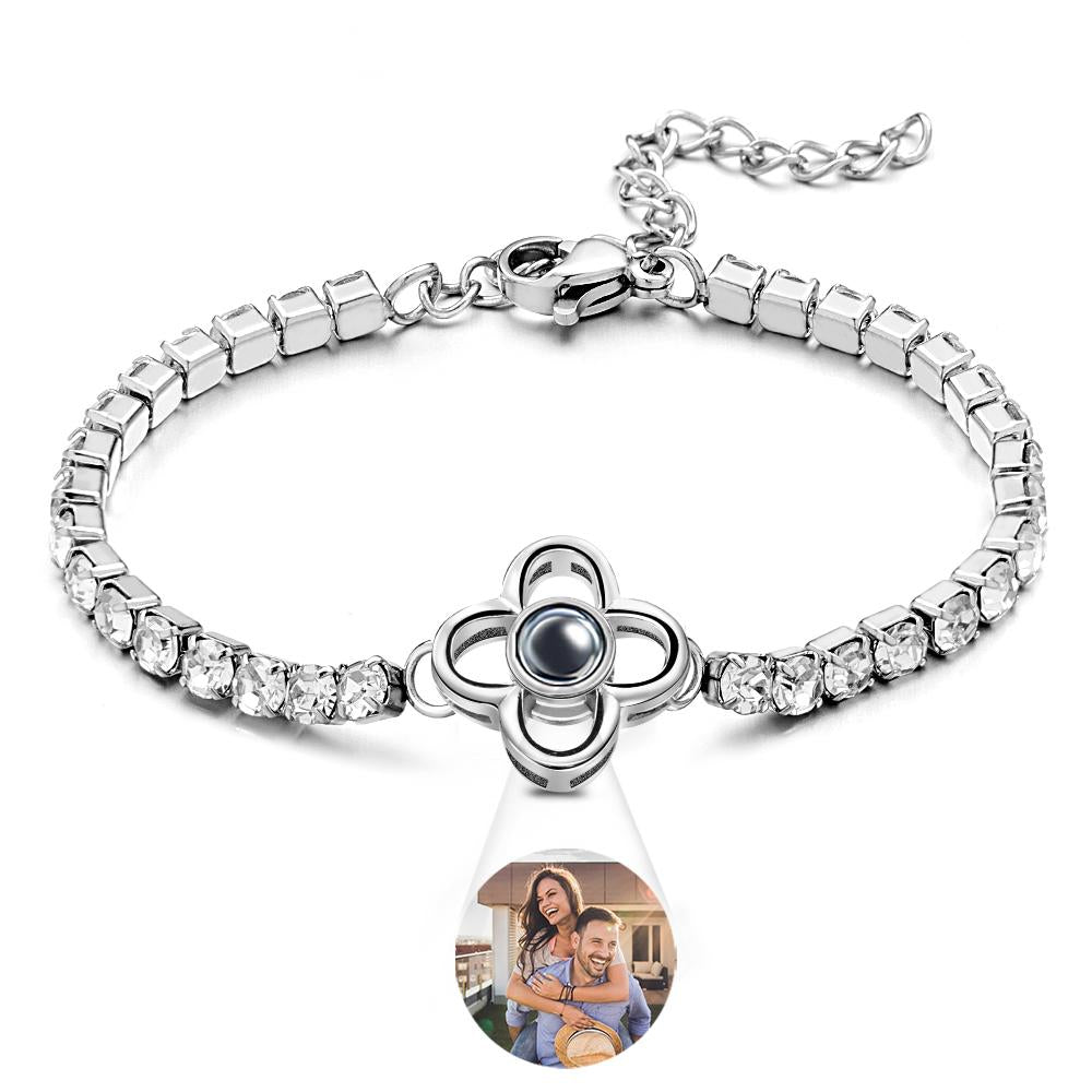Custom Photo Projection Bracelet Fashionable All Diamonds Four Leaf Clover Charm Bracelet Gifts For Her
