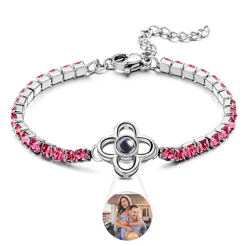 Custom Photo Projection Bracelet Fashionable All Diamonds Four Leaf Clover Charm Bracelet Gifts For Her