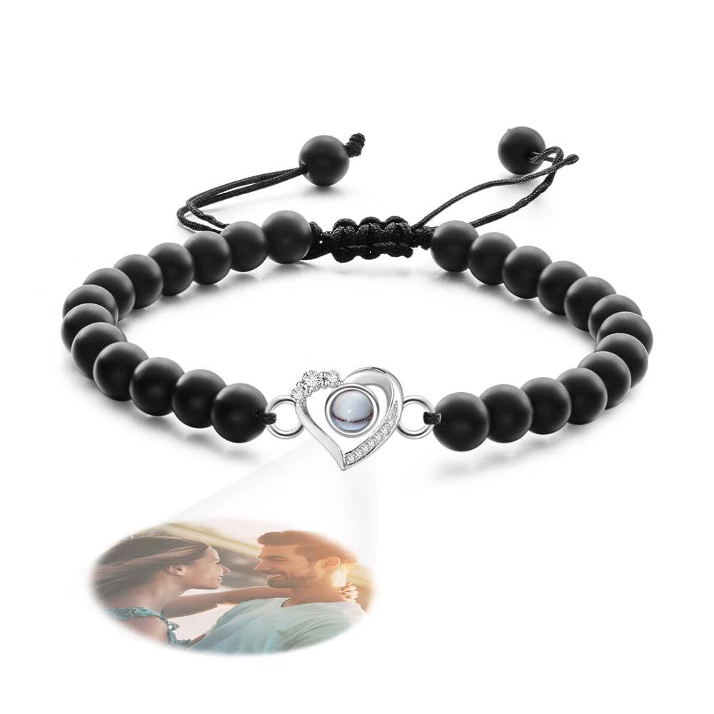 Personalized Photo Projection Beads Bracelet Heart-Shaped With Rhinestones Special Gift For Her