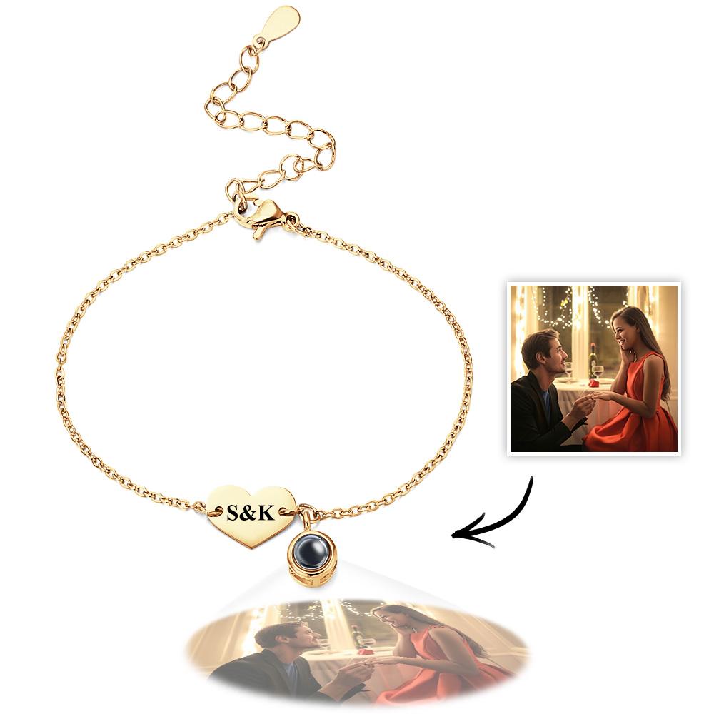 Personalized Photo  Projection Bracelet Engraved Initials  Heart Shaped Bracelet Gift For Her