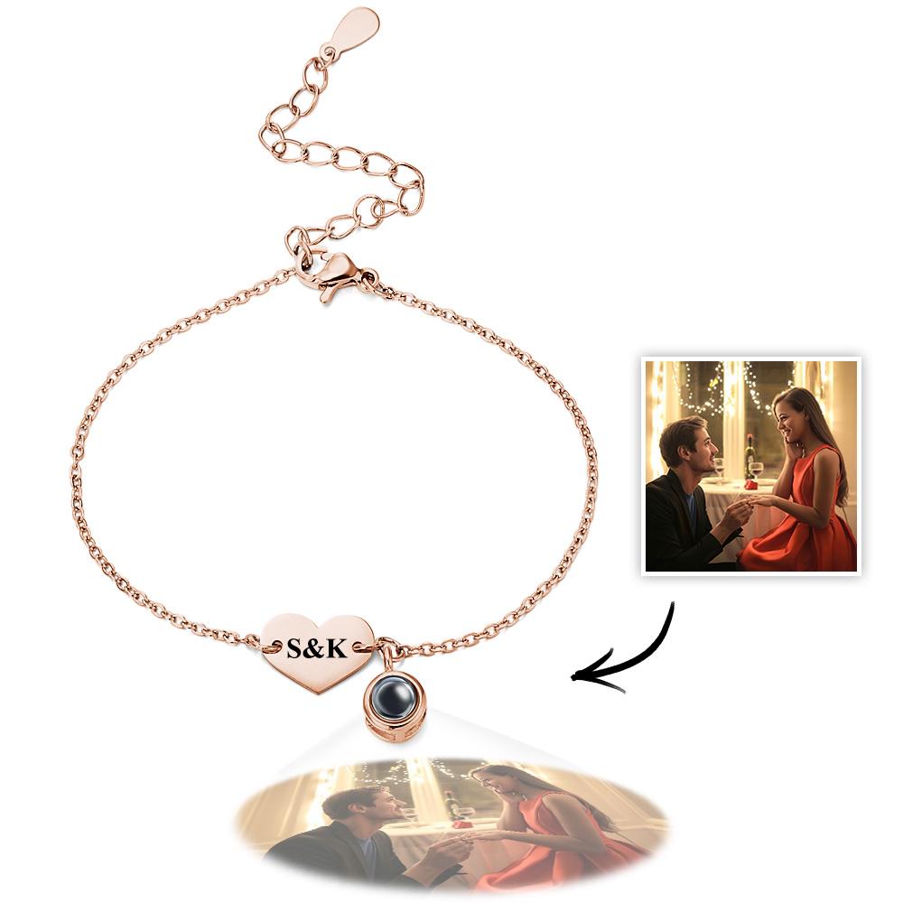 Personalized Photo  Projection Bracelet Engraved Initials  Heart Shaped Bracelet Gift For Her