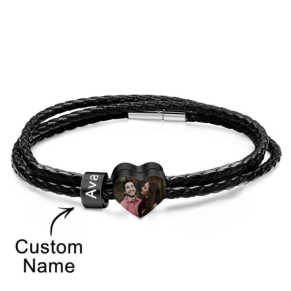 Custom Photo Name Bracelet Weave Leather Gift for Dad