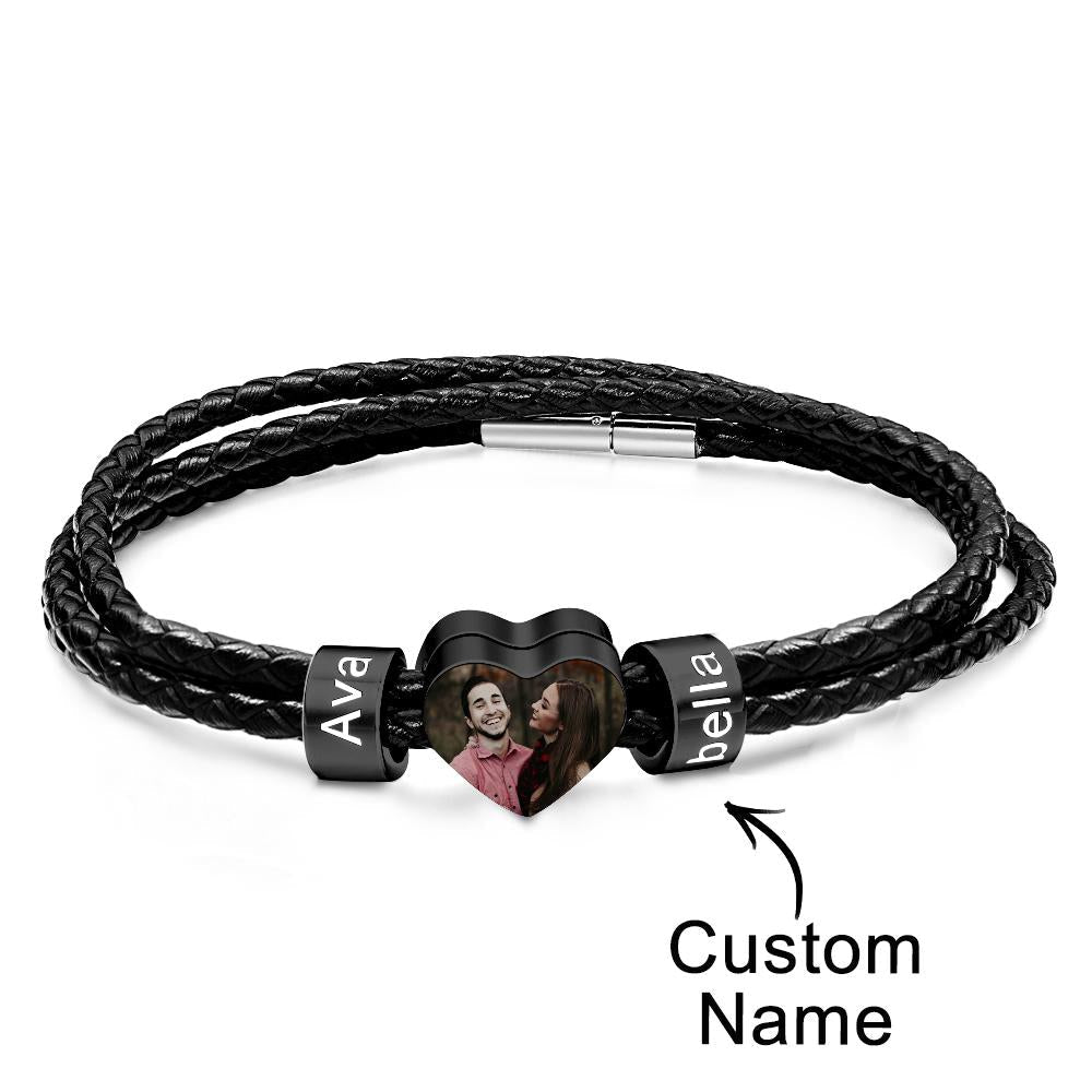 Custom Photo Name Bracelet Weave Leather Gift for Dad