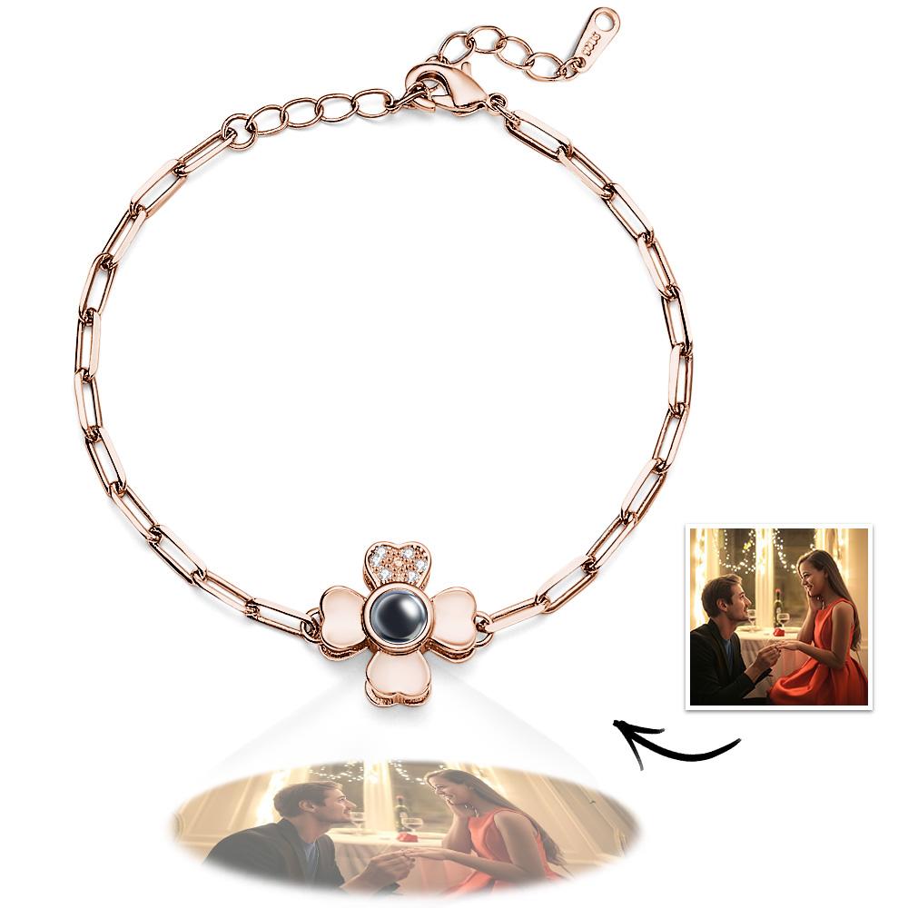 Custom Photo Projection Clover Rhinestone Bracelet Personalized Polished Adjustable Bracelet Gifts For Her