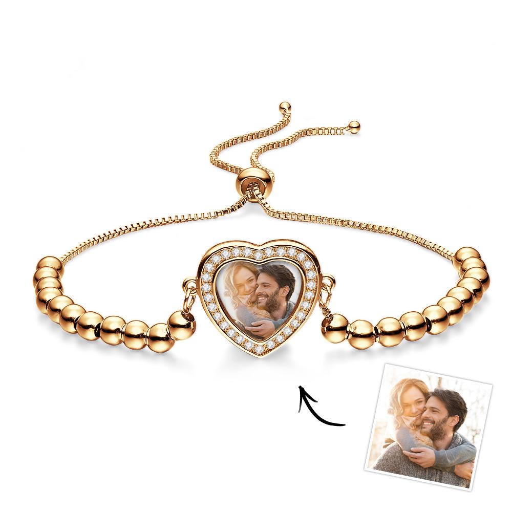 Custom Photo Bracelet Personalized Beads Heart Zircon Pendant Adjustable Bracelet Gifts For Women