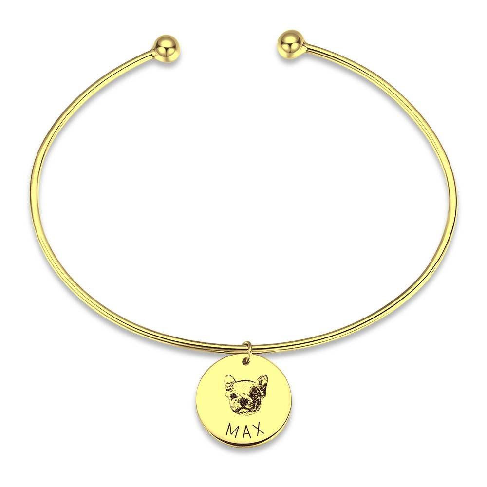 Photo Portrait Bangle with Engraving Round Shape, Custom Portrait Jewellery 14K Gold Plated - Golden
