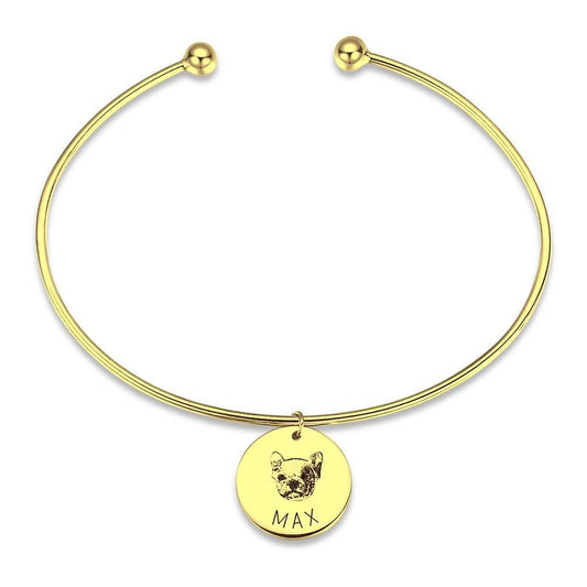Photo Portrait Bangle with Engraving Round Shape, Custom Portrait Jewellery 14K Gold Plated - Golden