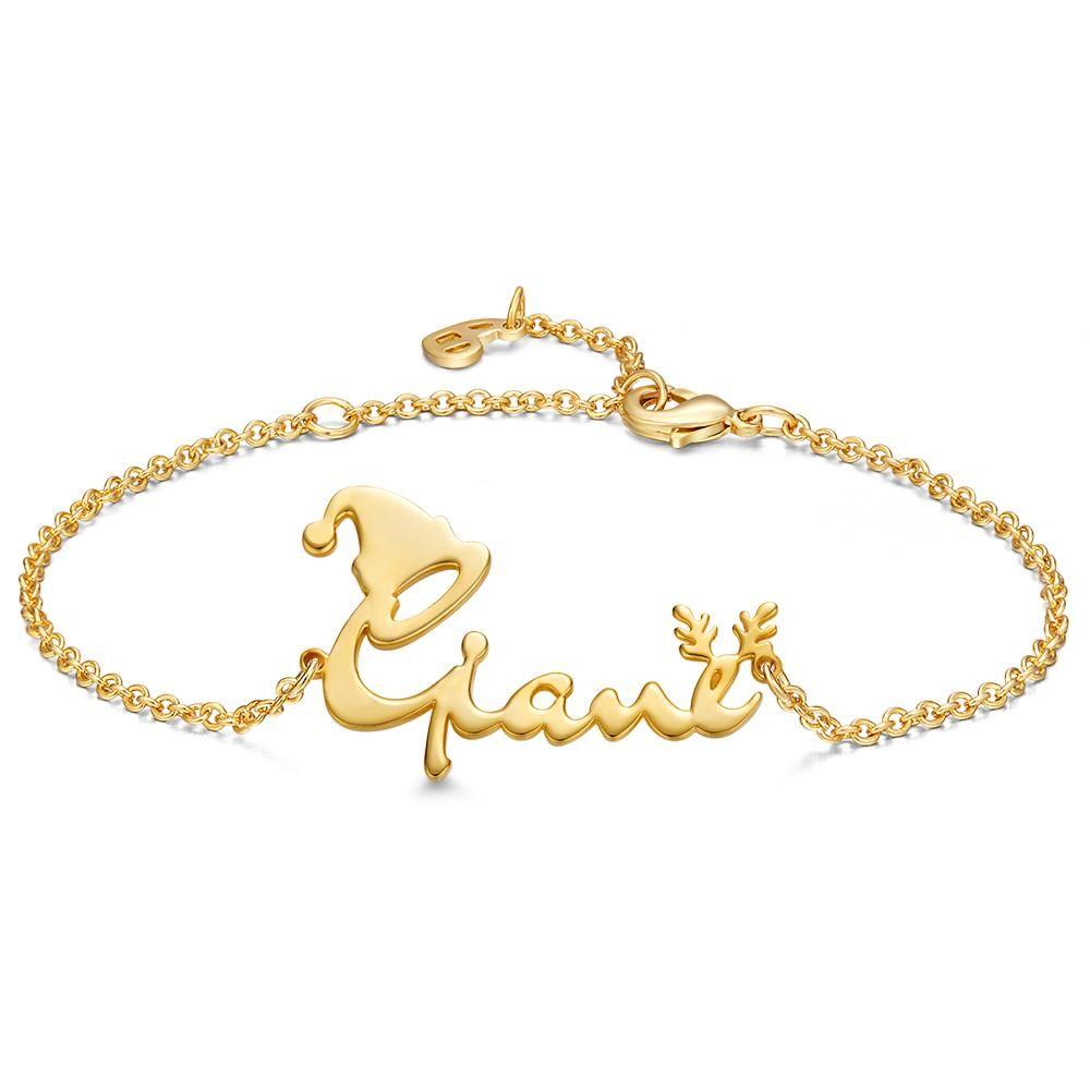 Name Bracelet with Christmas Hat and Antlers for Christmas Gifts Perfect Gift for Her Rose Gold Plated Silver