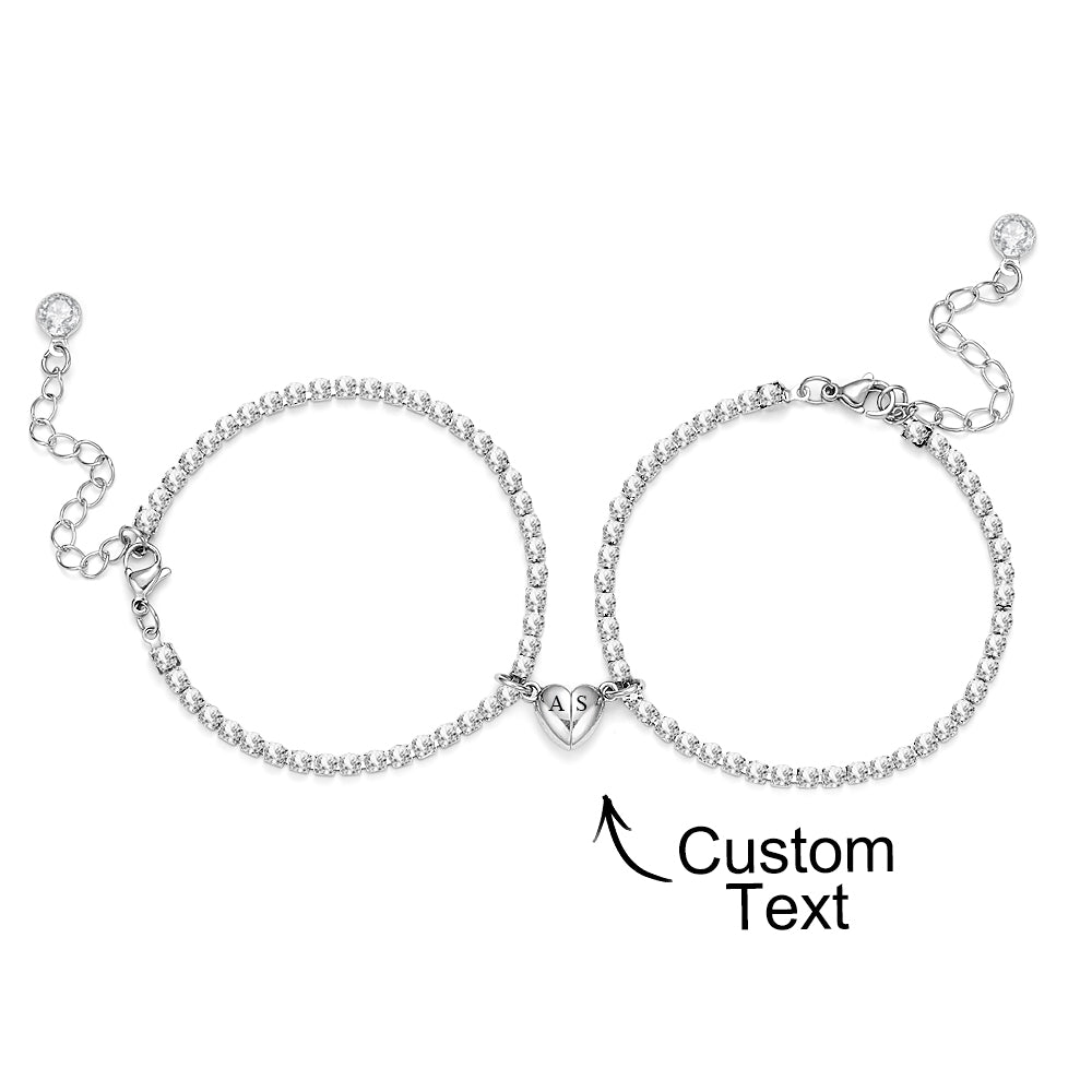 Custom Engraved Magnetic Tennis Bracelet Set All Diamonds Heart Shaped Matching Bracelet Gift For Couples