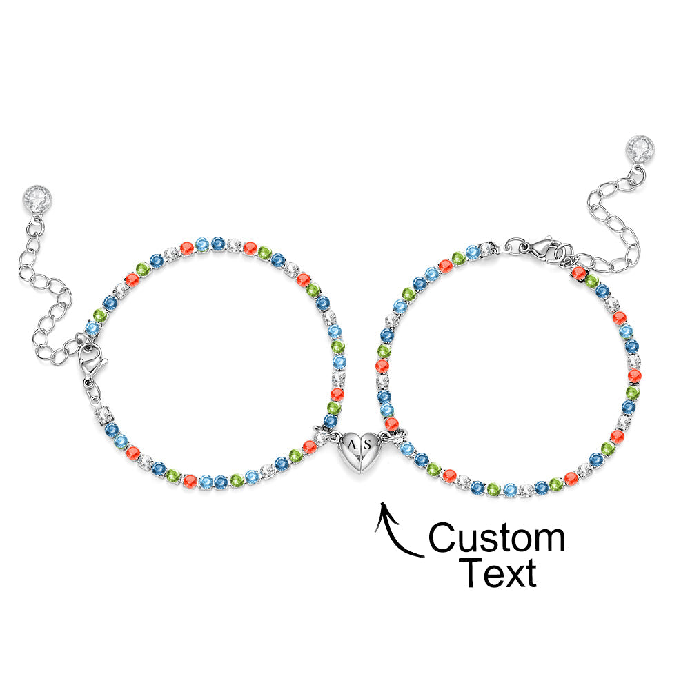 Custom Engraved Magnetic Tennis Bracelet Set All Diamonds Heart Shaped Matching Bracelet Gift For Couples