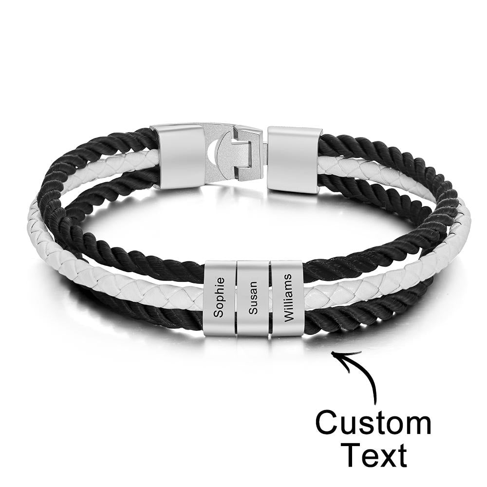 Custom Engraved Bracelet Mens Braided Layered Leather Gifts