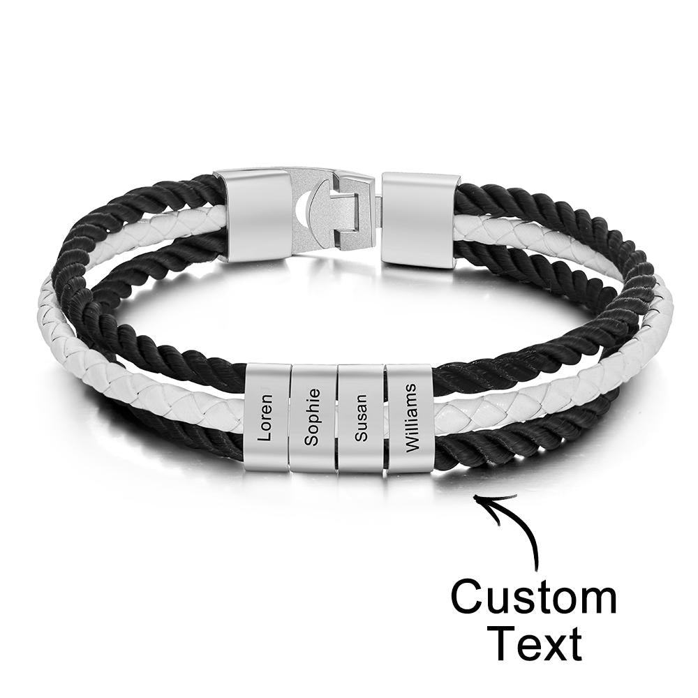 Custom Engraved Bracelet Mens Braided Layered Leather Gifts