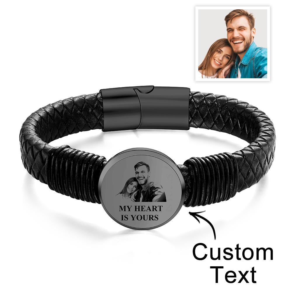 Personalized Photo Leather Wide Bracelet Engraved Unique Bracelet Gifts For Him