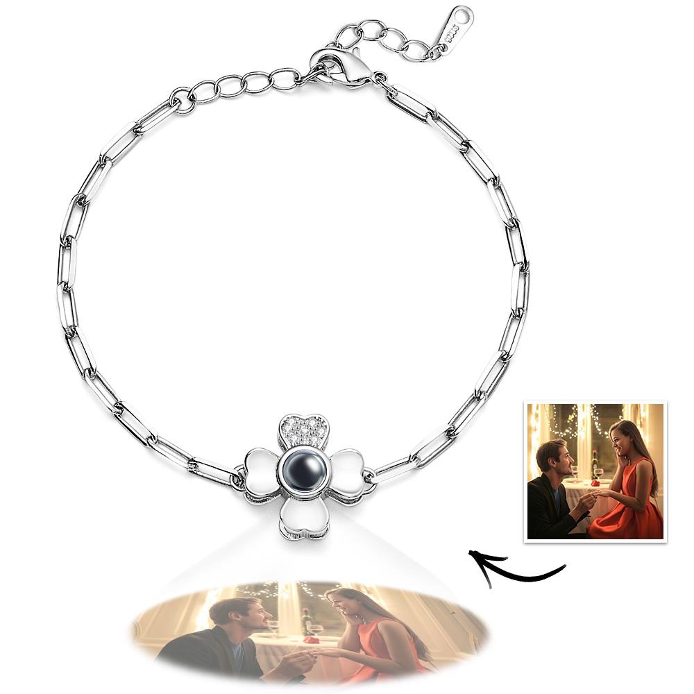 Custom Photo Projection Clover Rhinestone Bracelet Personalized Polished Adjustable Bracelet Gifts For Her