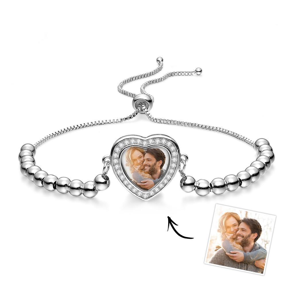 Custom Photo Bracelet Personalized Beads Heart Zircon Pendant Adjustable Bracelet Gifts For Women