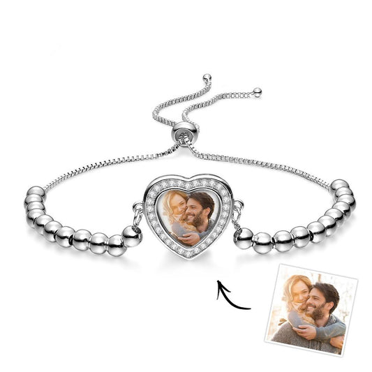 Custom Photo Bracelet Personalized Beads Heart Zircon Pendant Adjustable Bracelet Gifts For Women