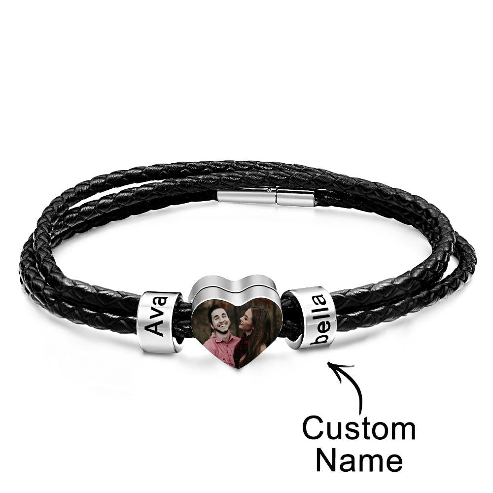 Custom Photo Name Bracelet Weave Leather Gift for Dad