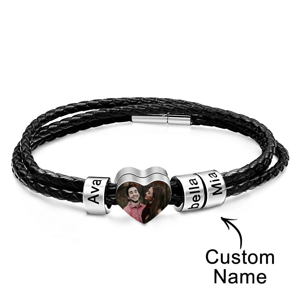 Custom Photo Name Bracelet Weave Leather Gift for Dad